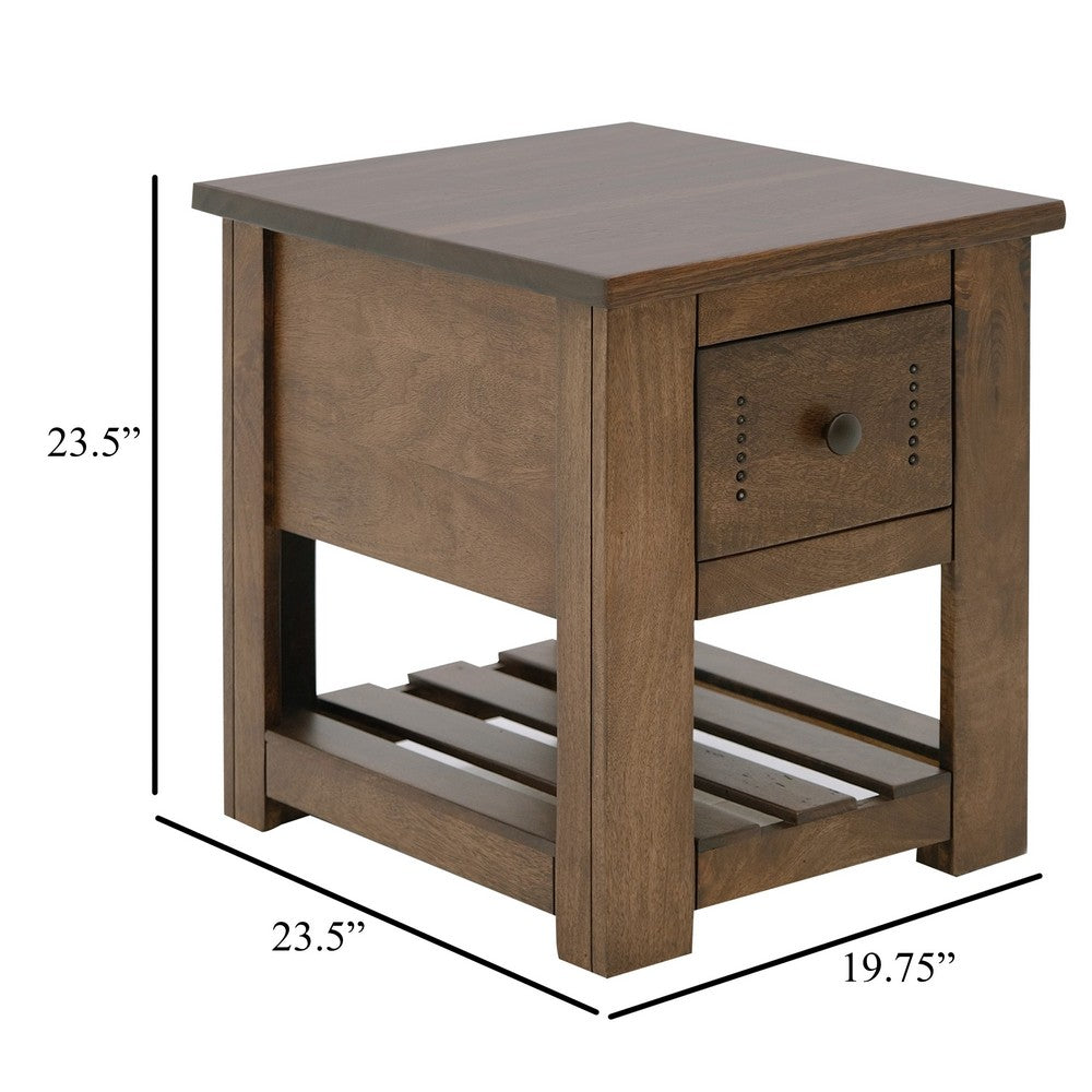 Benjara Linaa Chairside Table, 1 Drawer, 1 Shelf, Barrel Brown Wood, 24 Inch