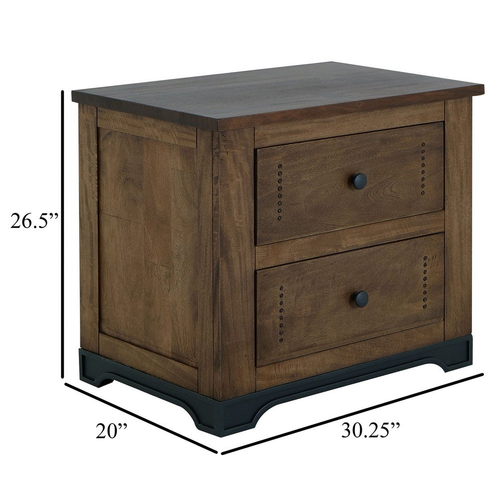 Benjara Linaa End Nightstand, 2 Drawers, Barrel Brown Wood Frame, 30 Inch