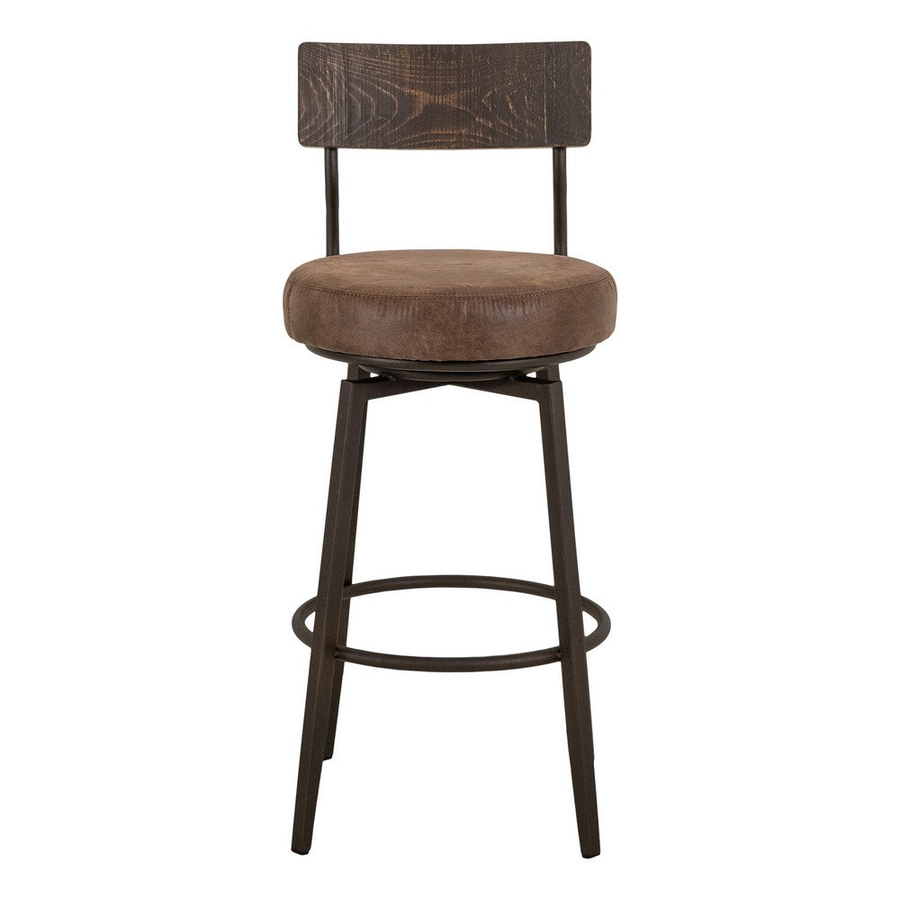 Benjara Corey Barstool Chair, Black, Pine Wood, Brown Faux Leather 30 Inch
