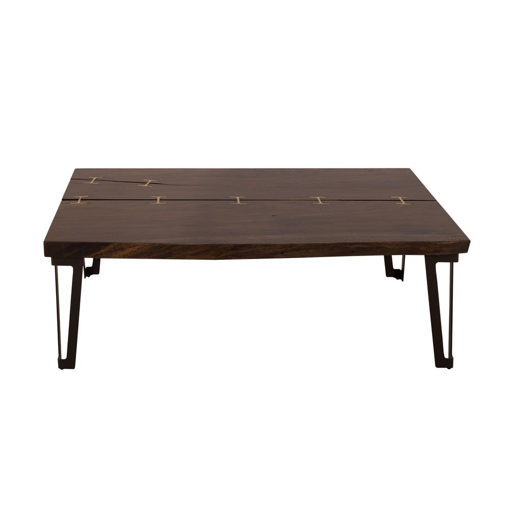 Benjara Ally Cocktail Coffee Table, Gold Metal, Walnut Brown Parota 47 Inch