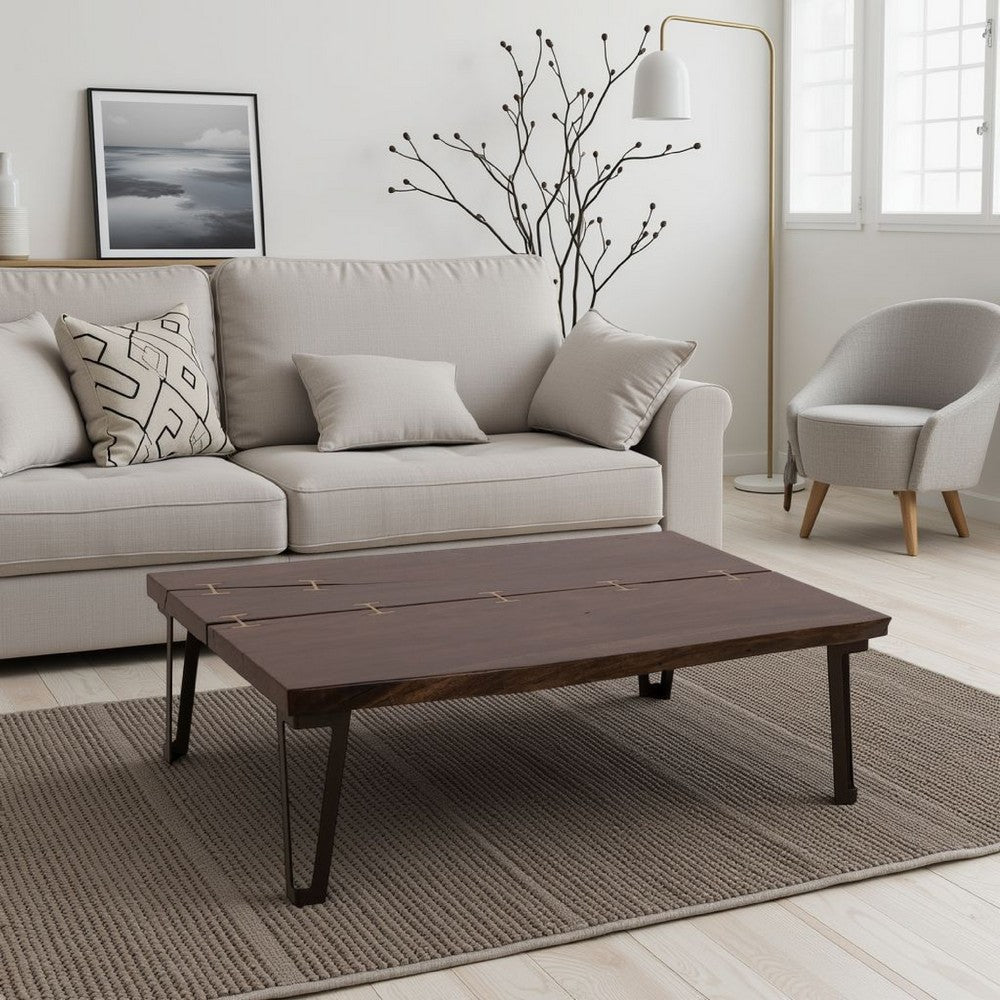 Benjara Ally Cocktail Coffee Table, Gold Metal, Walnut Brown Parota 47 Inch