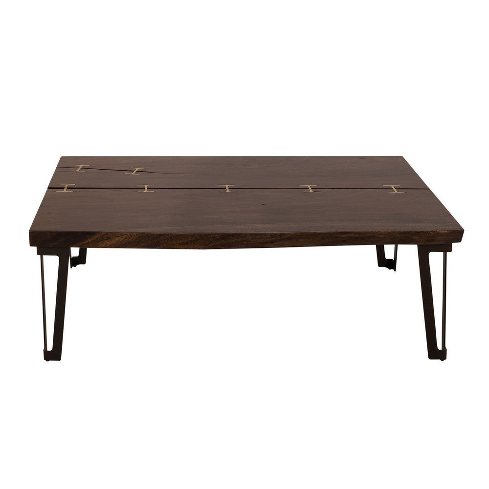 Benjara Ally XL Cocktail Coffee Table, Gold Metal Inlays, Brown Parota 55 Inch