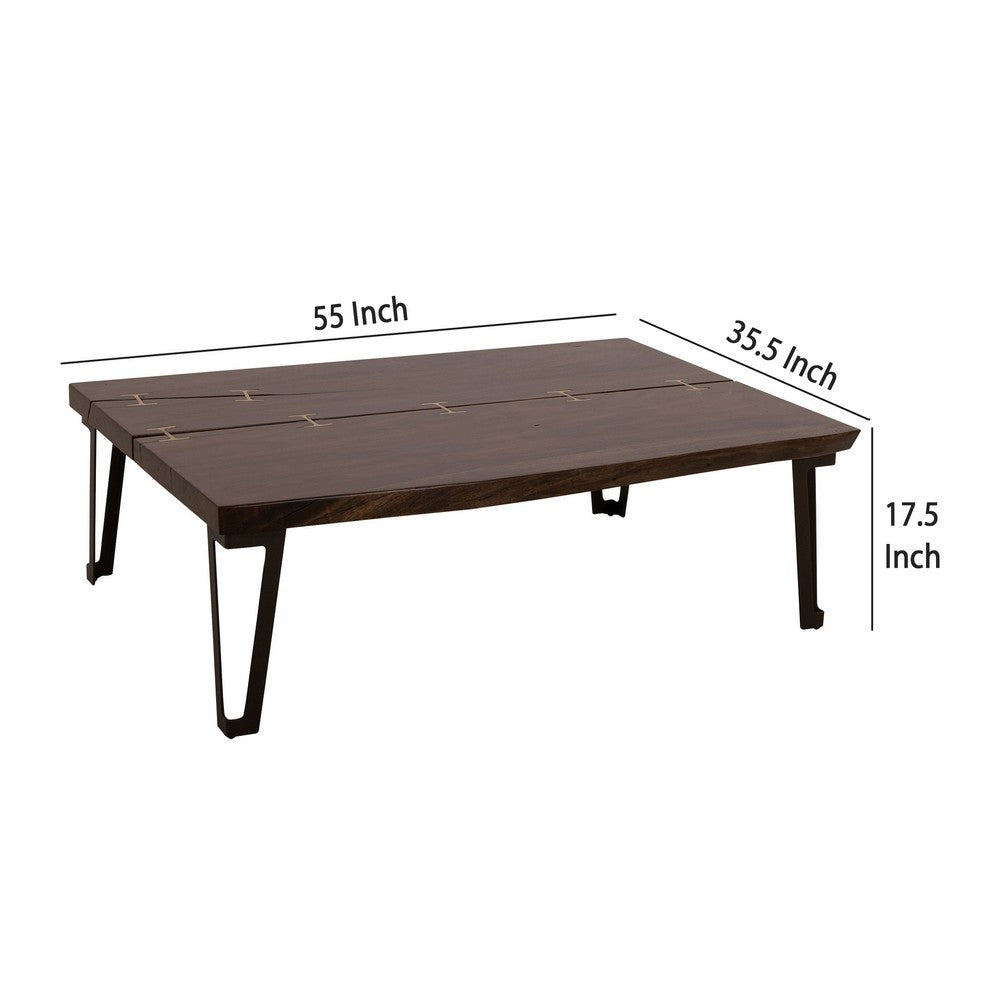Benjara Ally XL Cocktail Coffee Table, Gold Metal Inlays, Brown Parota 55 Inch