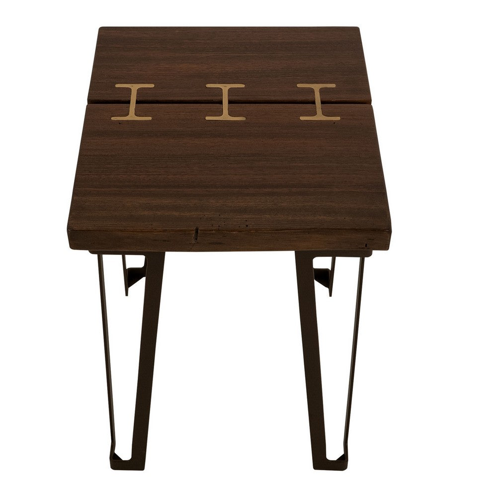 Benjara Ally Chairside Table, Gold Metal Inlays, Walnut Brown Parota 22 Inch
