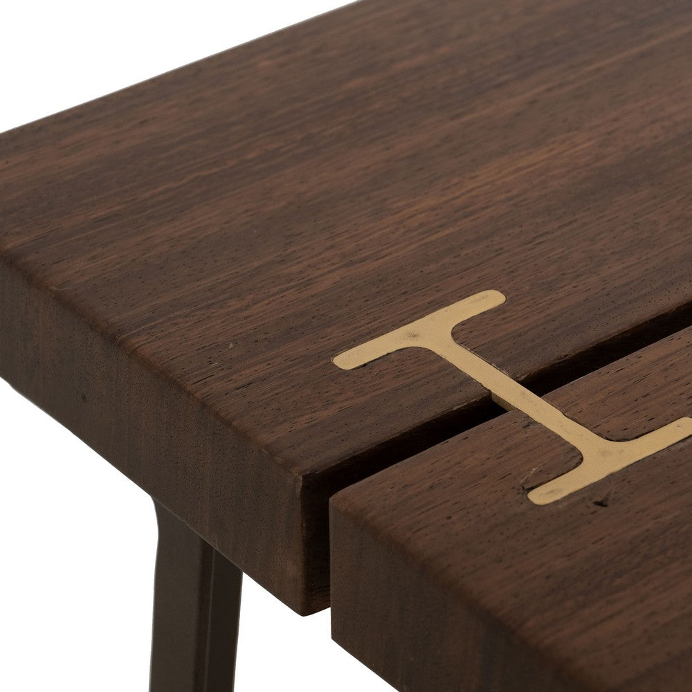 Benjara Ally Chairside Table, Gold Metal Inlays, Walnut Brown Parota 22 Inch