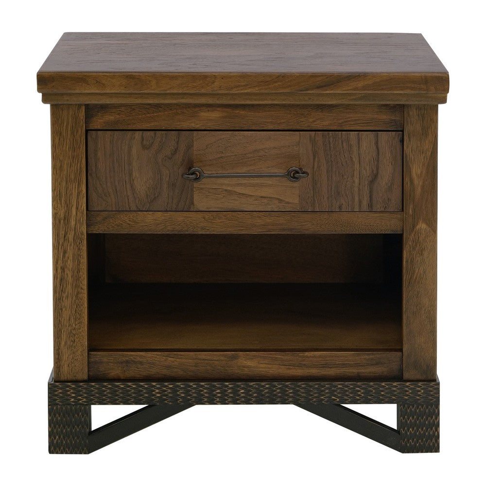 Benjara Ally Nightstand, 1 Drawer And Bottom Shelf, Walnut Brown Parota Wood