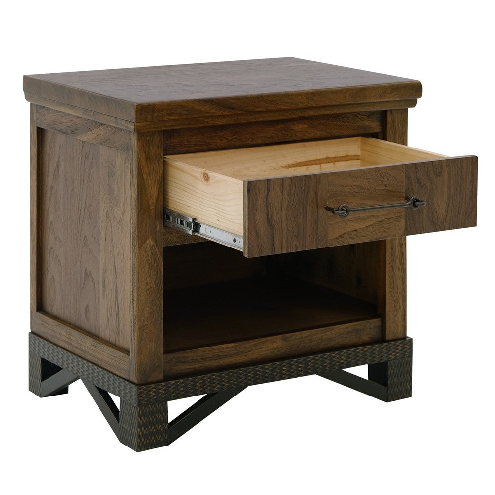 Benjara Ally Nightstand, 1 Drawer And Bottom Shelf, Walnut Brown Parota Wood