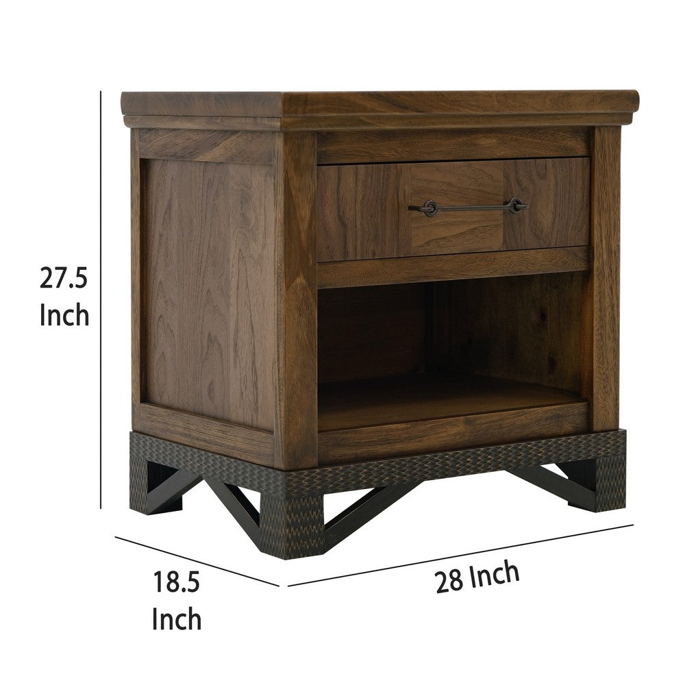 Benjara Ally Nightstand, 1 Drawer And Bottom Shelf, Walnut Brown Parota Wood