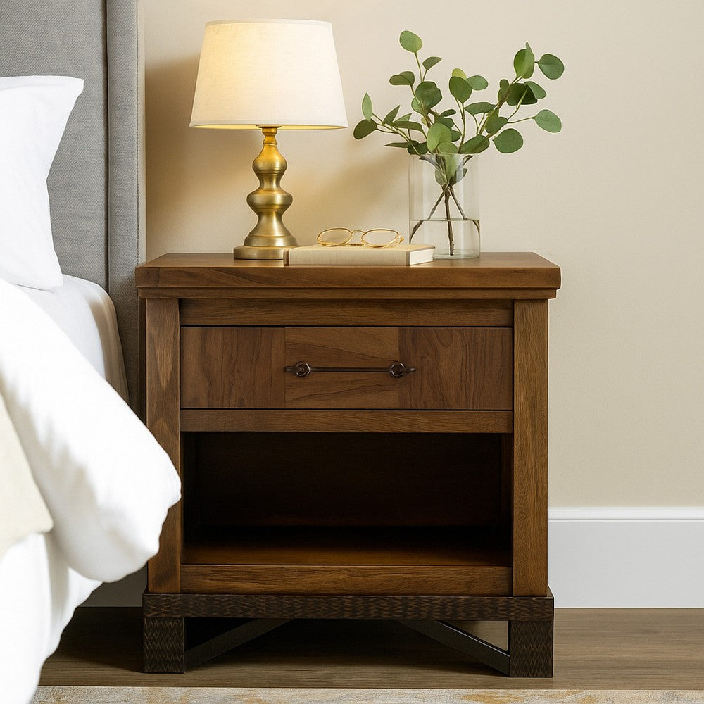 Benjara Ally Nightstand, 1 Drawer And Bottom Shelf, Walnut Brown Parota Wood