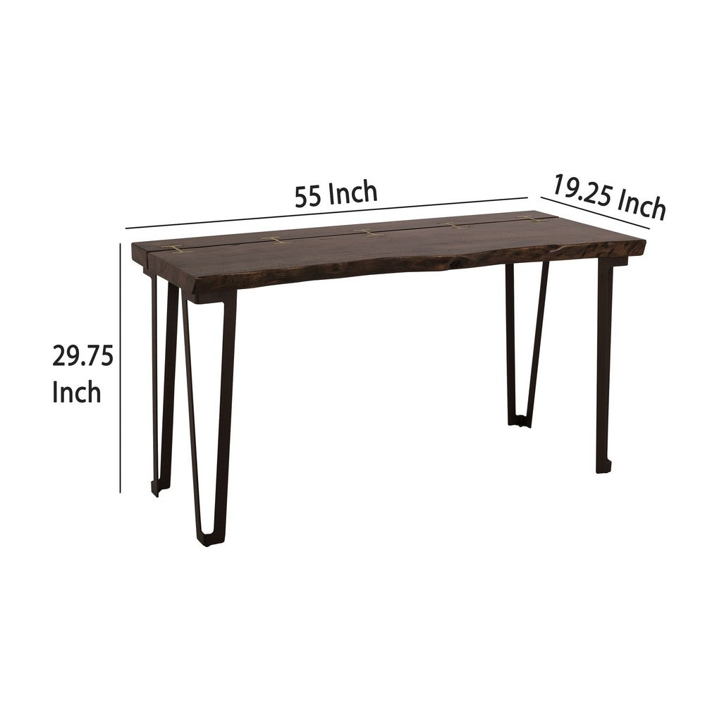 Benjara Ally Sofa Console Table, Gold Metal Inlays, Brown Parota Wood, 55 Inch