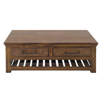 Benjara Ally Cocktail Coffee Table, 4 Drawers Shelf, Brown Parota Wood 50 Inch