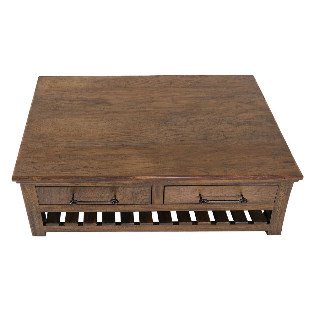 Benjara Ally Cocktail Coffee Table, 4 Drawers Shelf, Brown Parota Wood 50 Inch