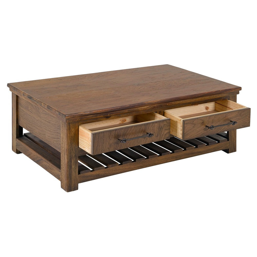 Benjara Ally Cocktail Coffee Table, 4 Drawers Shelf, Brown Parota Wood 50 Inch