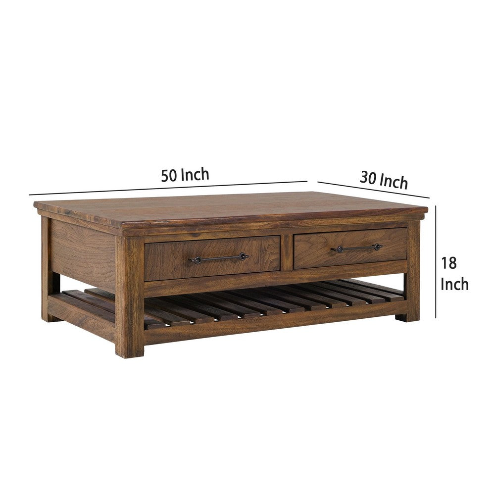 Benjara Ally Cocktail Coffee Table, 4 Drawers Shelf, Brown Parota Wood 50 Inch