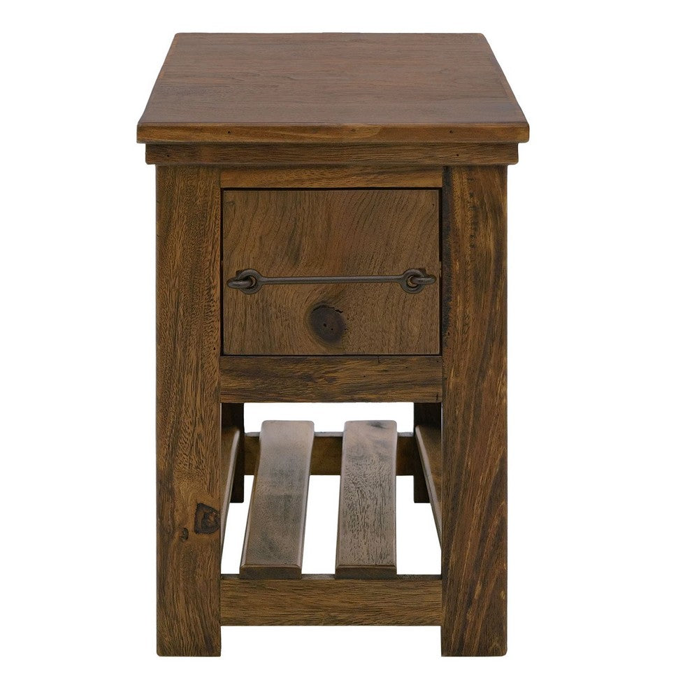 Benjara Ally Chairside Table, 1 Drawer, 1 Shelf, Brown Parota Wood, 15 Inch