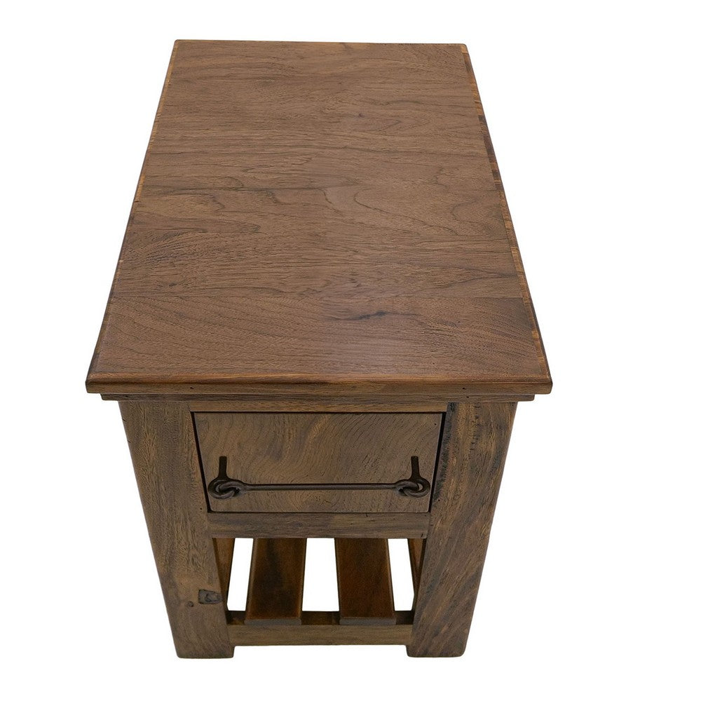 Benjara Ally Chairside Table, 1 Drawer, 1 Shelf, Brown Parota Wood, 15 Inch