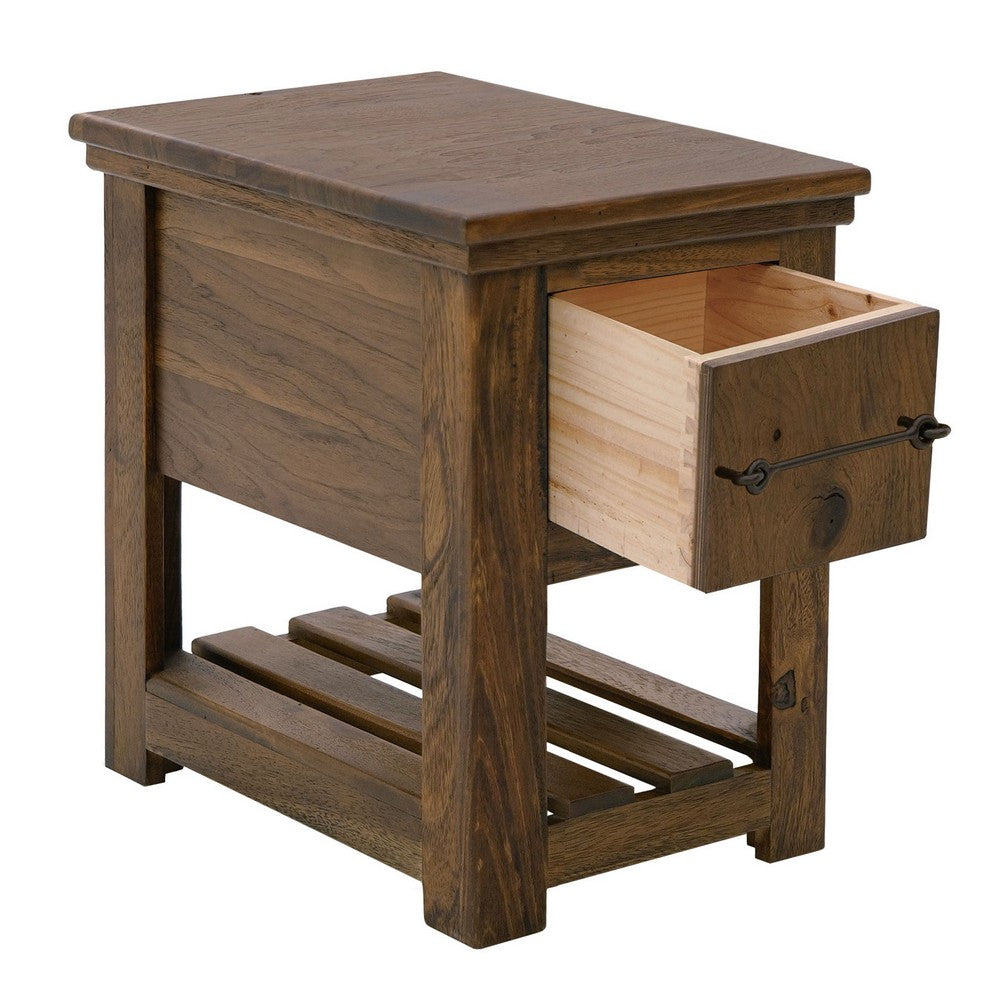 Benjara Ally Chairside Table, 1 Drawer, 1 Shelf, Brown Parota Wood, 15 Inch