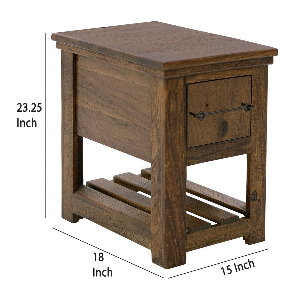 Benjara Ally Chairside Table, 1 Drawer, 1 Shelf, Brown Parota Wood, 15 Inch