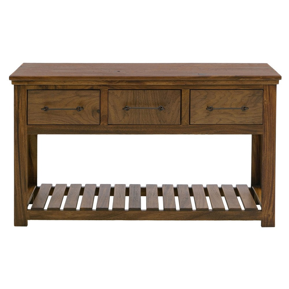 Benjara Ally Sofa Console Table, 3 Drawers, Slatted Shelf, Brown Wood, 54 Inch