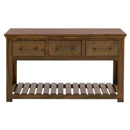 Benjara Ally Sofa Console Table, 3 Drawers, Slatted Shelf, Brown Wood, 54 Inch