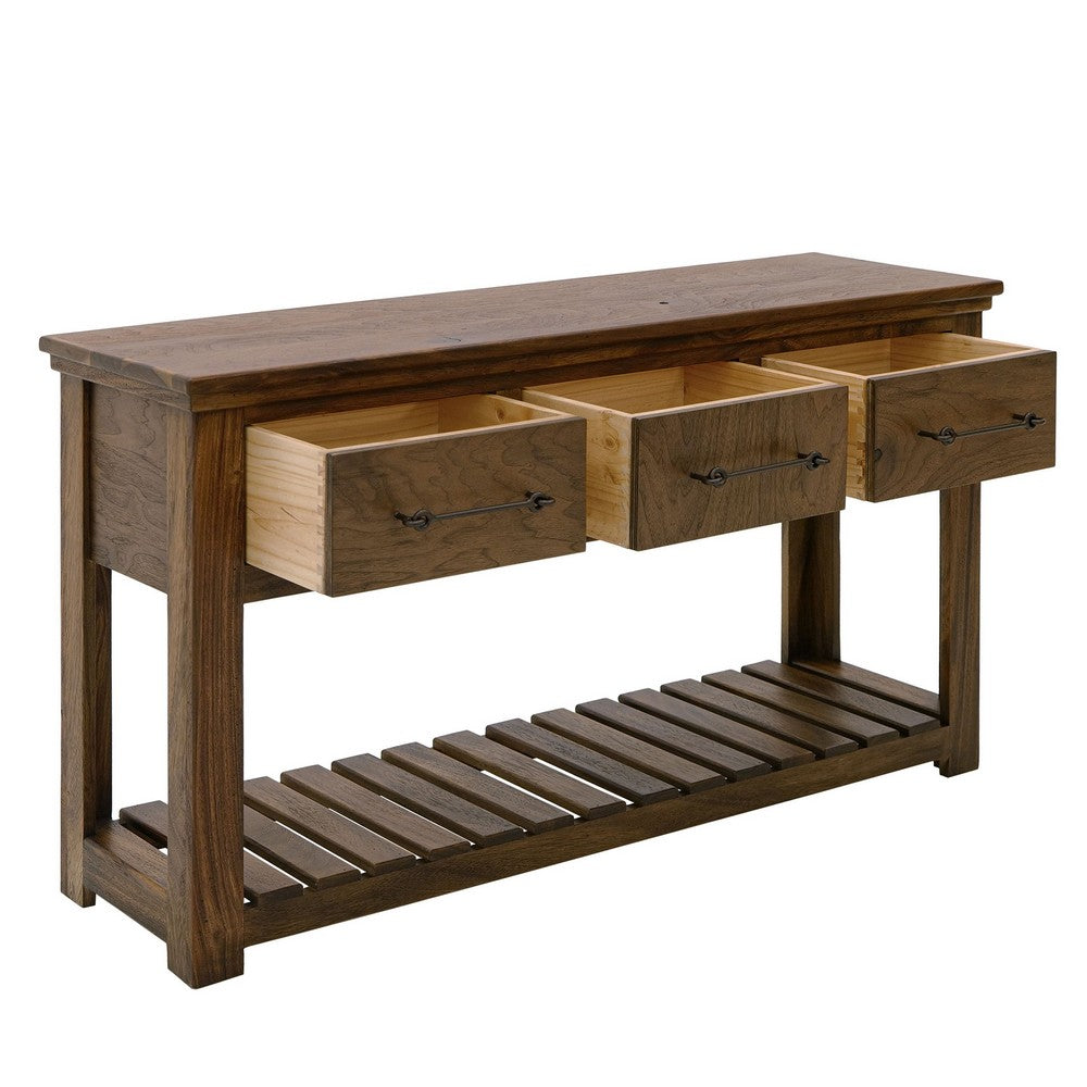Benjara Ally Sofa Console Table, 3 Drawers, Slatted Shelf, Brown Wood, 54 Inch
