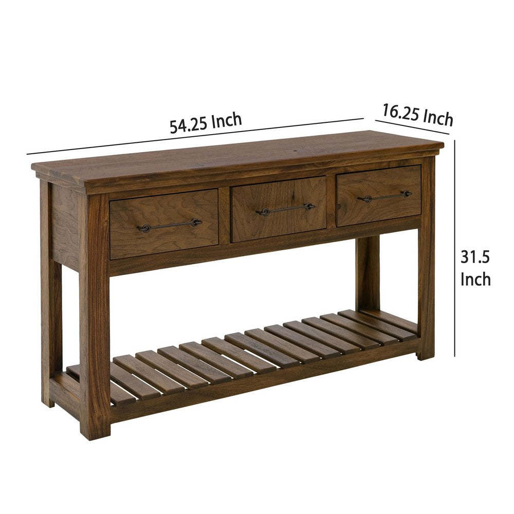 Benjara Ally Sofa Console Table, 3 Drawers, Slatted Shelf, Brown Wood, 54 Inch
