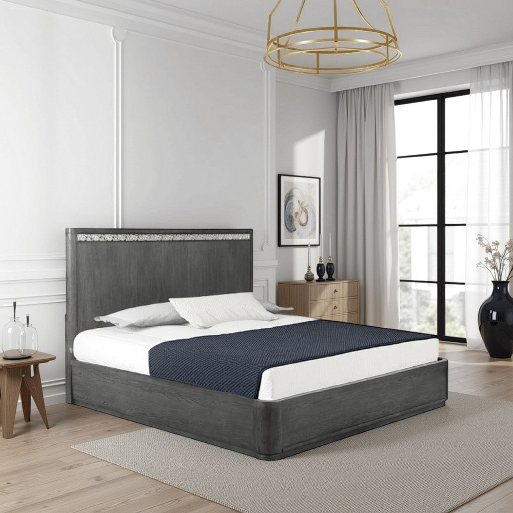 Benjara Zoko Queen Bed with Panel Style Headboard, Ash Gray Solid Wood Frame