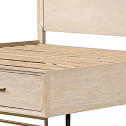 Benjara Rozie Queen Bed, Footboard Storage Drawers, Light Oak Brown Solid Wood