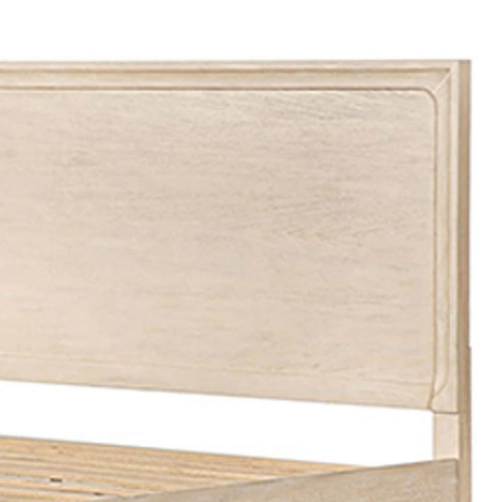 Benjara Rozie Queen Bed, Footboard Storage Drawers, Light Oak Brown Solid Wood