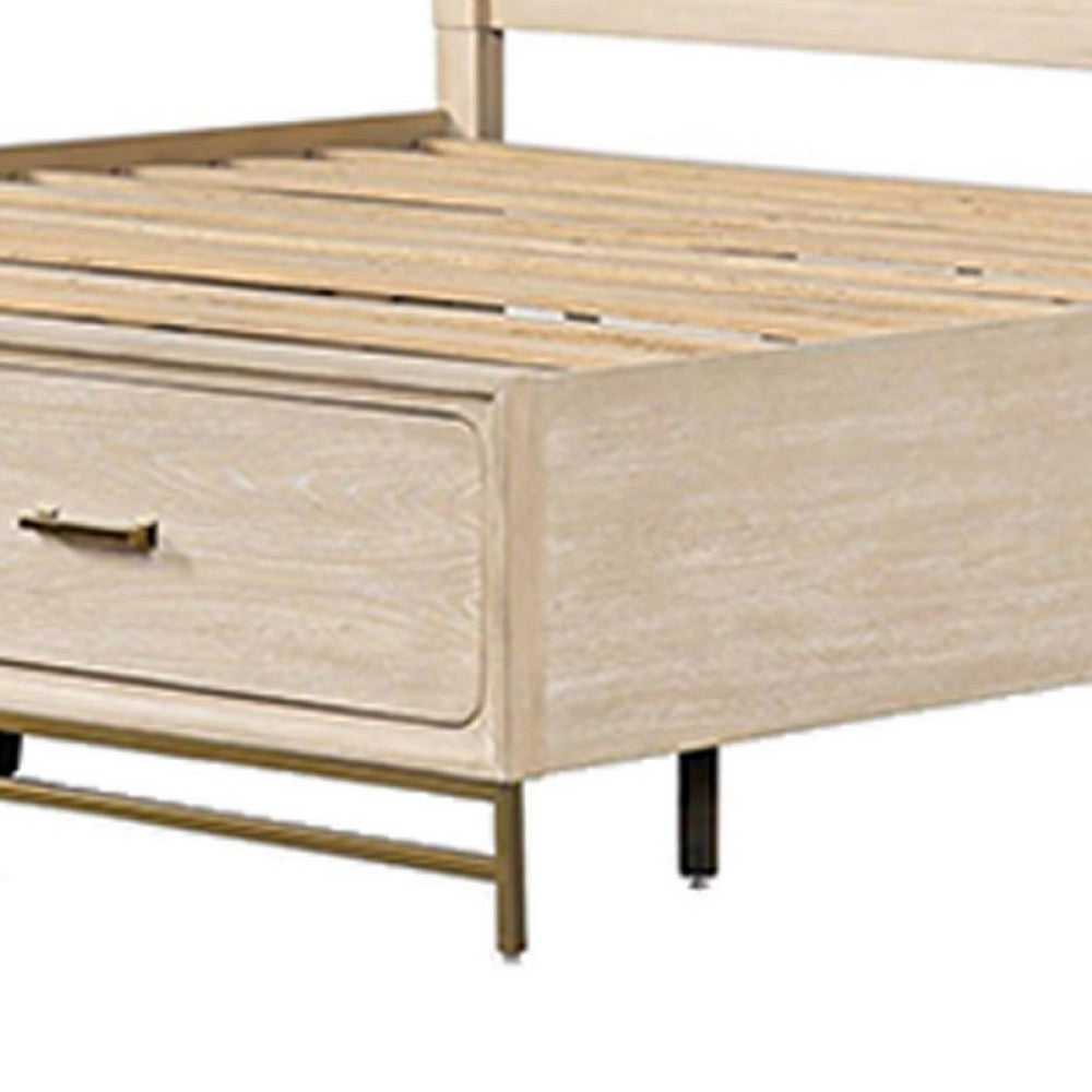 Benjara Rozie Queen Bed, Footboard Storage Drawers, Light Oak Brown Solid Wood