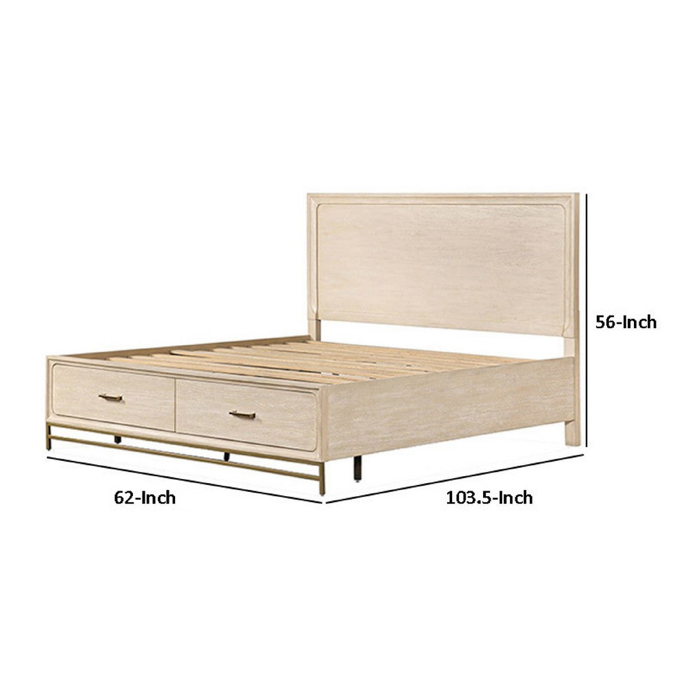 Benjara Rozie Queen Bed, Footboard Storage Drawers, Light Oak Brown Solid Wood