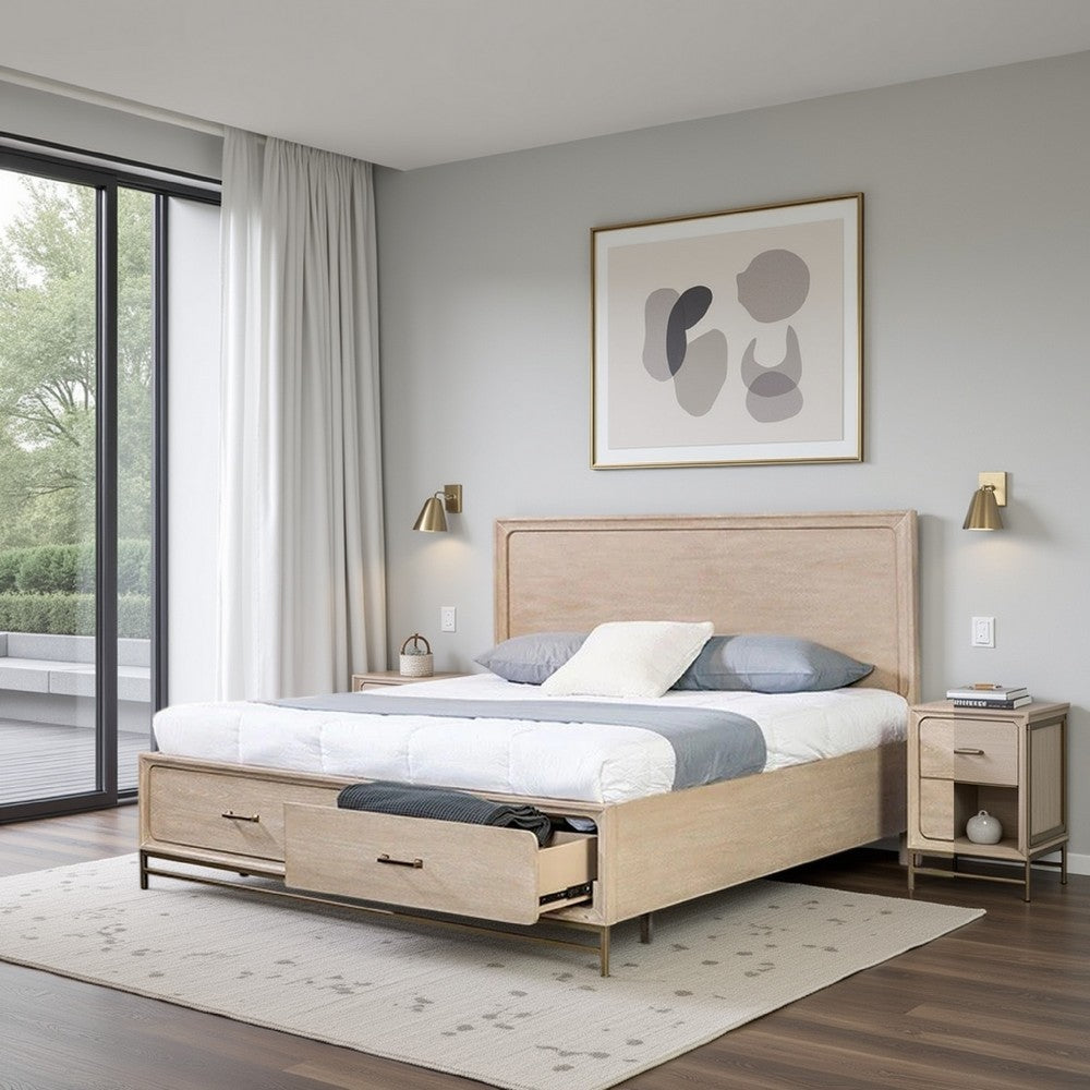 Benjara Rozie Queen Bed, Footboard Storage Drawers, Light Oak Brown Solid Wood