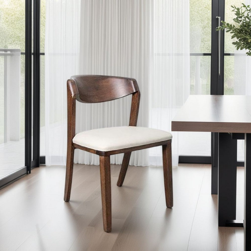 Benjara Viki Dining Side Chair Set of 2, Ivory Fabric Seat, Brown Solid Wood