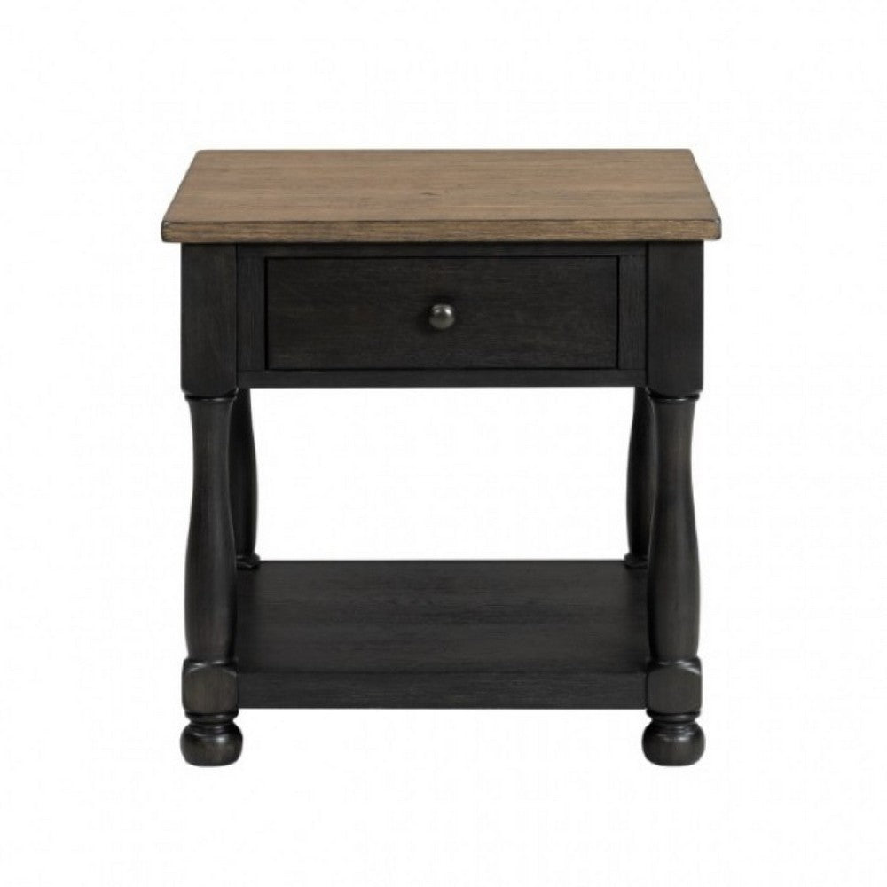 Benjara Ginie End Table, 1 Drawer, Black Brown Solid Rubberwood, 24 Inch