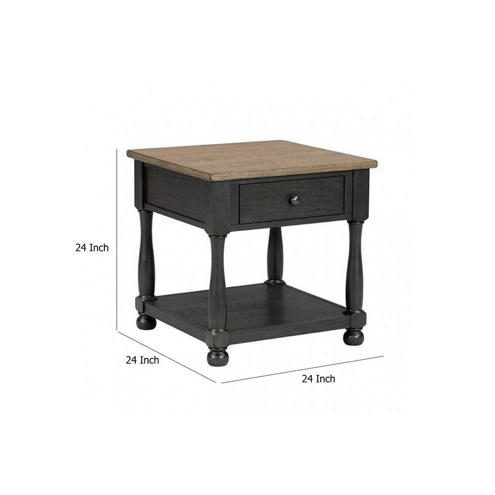 Benjara Ginie End Table, 1 Drawer, Black Brown Solid Rubberwood, 24 Inch