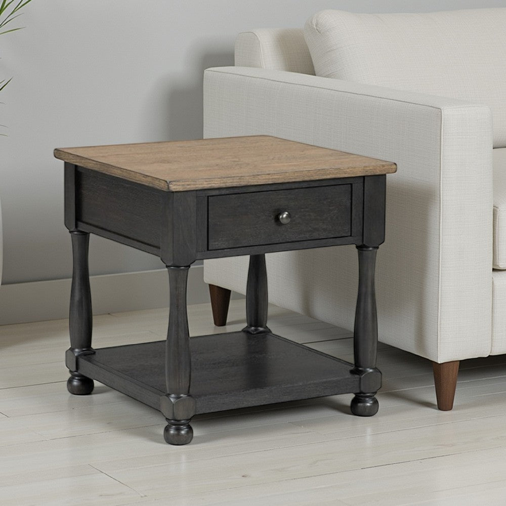 Benjara Ginie End Table, 1 Drawer, Black Brown Solid Rubberwood, 24 Inch
