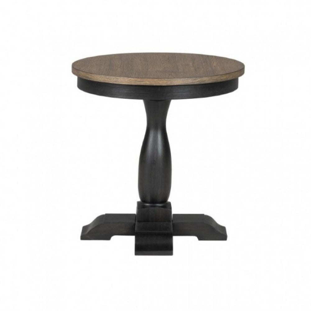 Benjara Ginie Round End Table, Rustic Black Brown Solid Rubberwood, 24 Inch