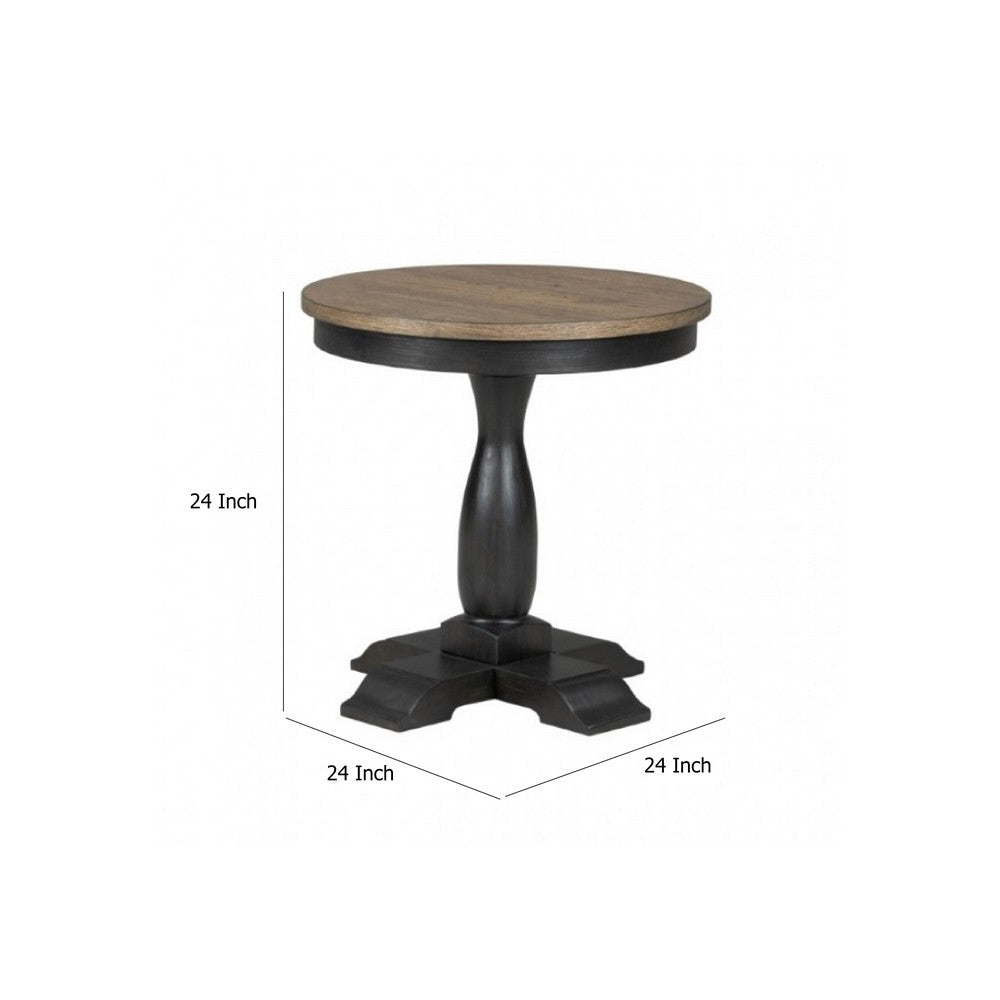 Benjara Ginie Round End Table, Rustic Black Brown Solid Rubberwood, 24 Inch