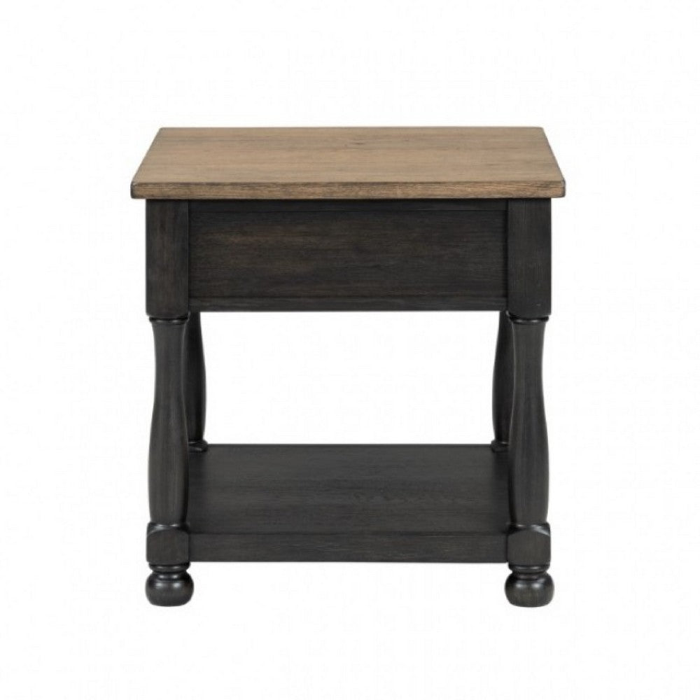 Benjara Ginie Chairside End Table, 1 Drawer, Black Brown Solid Wood, 24 Inch