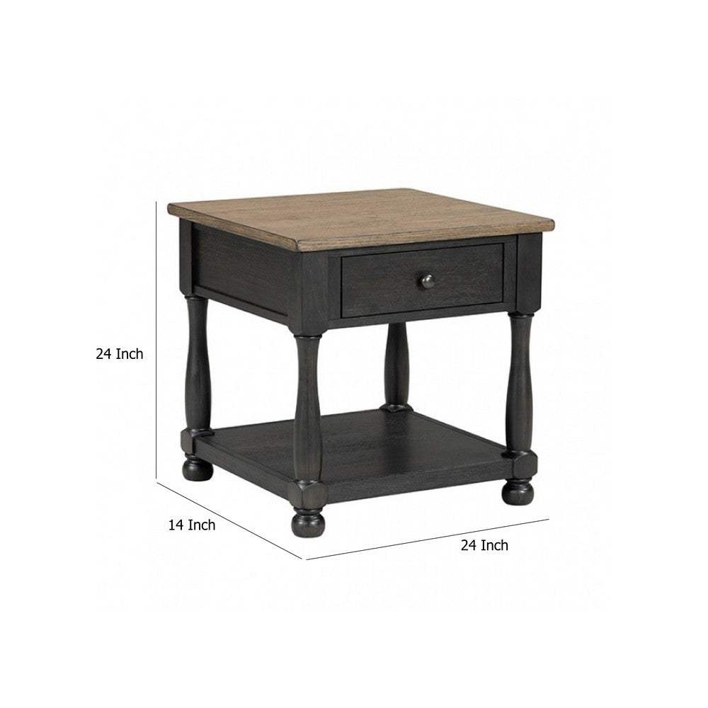 Benjara Ginie Chairside End Table, 1 Drawer, Black Brown Solid Wood, 24 Inch