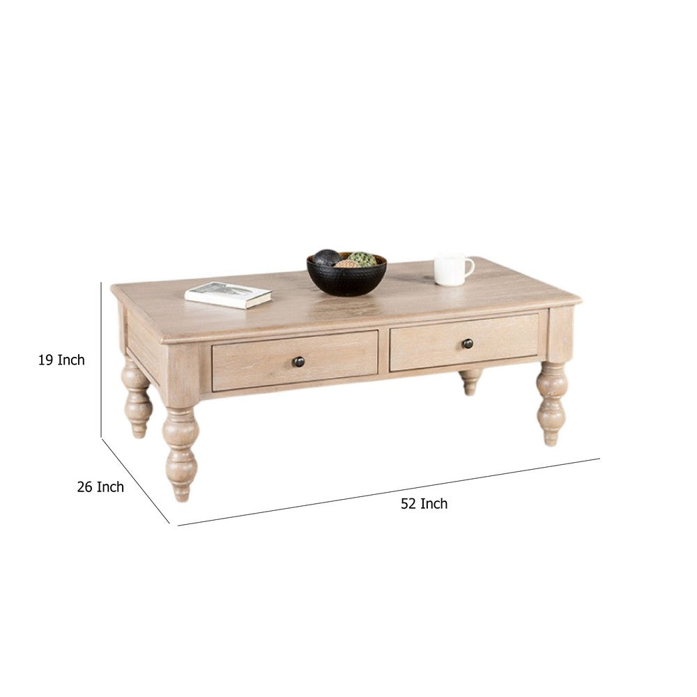 Benjara Cherie Coffee Table, 2 Drawers, Light White Washed Wood, 52 Inch