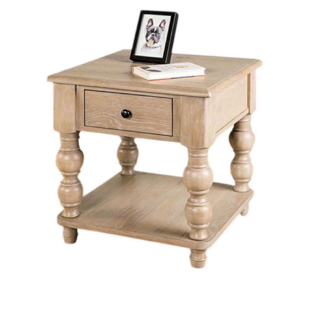 Benjara Cherie Square End Table, 1 Drawer, Shelf, Light White Wash, 24 Inch