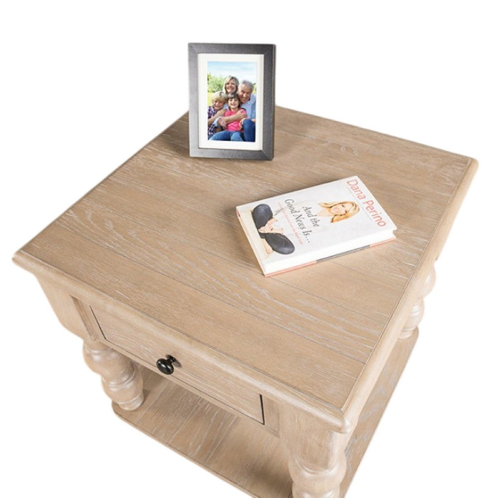Benjara Cherie Square End Table, 1 Drawer, Shelf, Light White Wash, 24 Inch