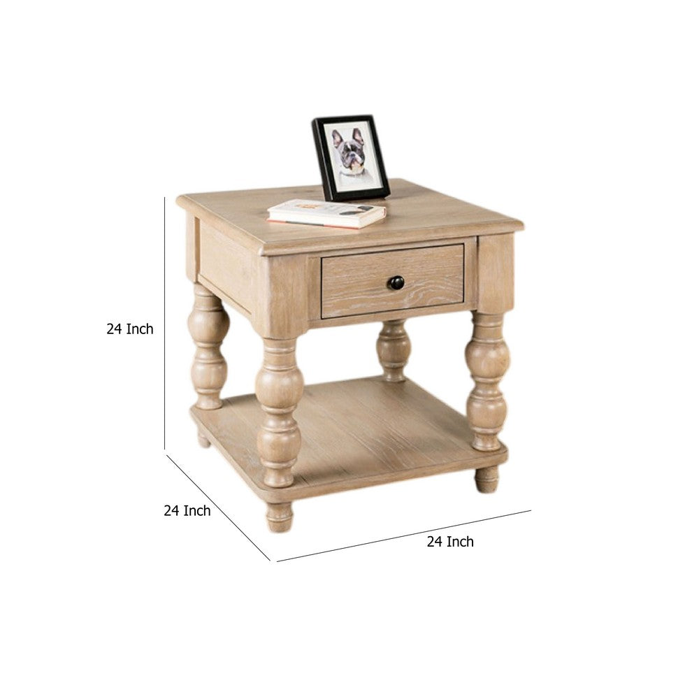 Benjara Cherie Square End Table, 1 Drawer, Shelf, Light White Wash, 24 Inch