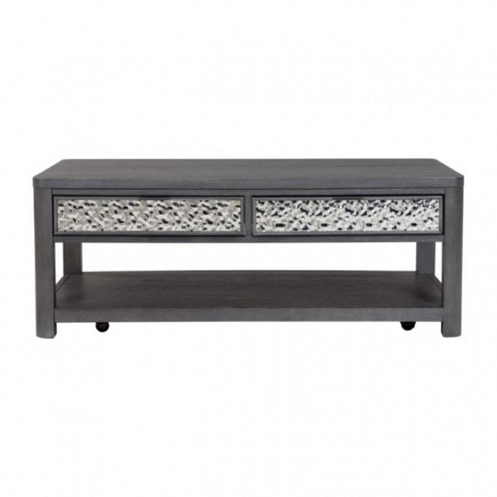 Benjara Zoko 48 Inch Coffee Table, Caster Wheels, Drawers, Ash Gray Rubberwood
