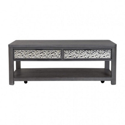 Benjara Zoko 48 Inch Coffee Table, Caster Wheels, Drawers, Ash Gray Rubberwood