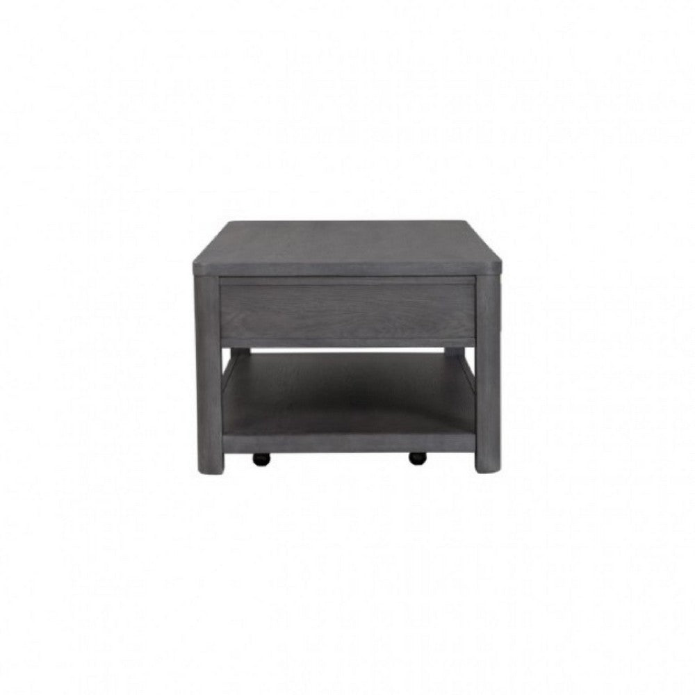 Benjara Zoko 48 Inch Coffee Table, Caster Wheels, Drawers, Ash Gray Rubberwood