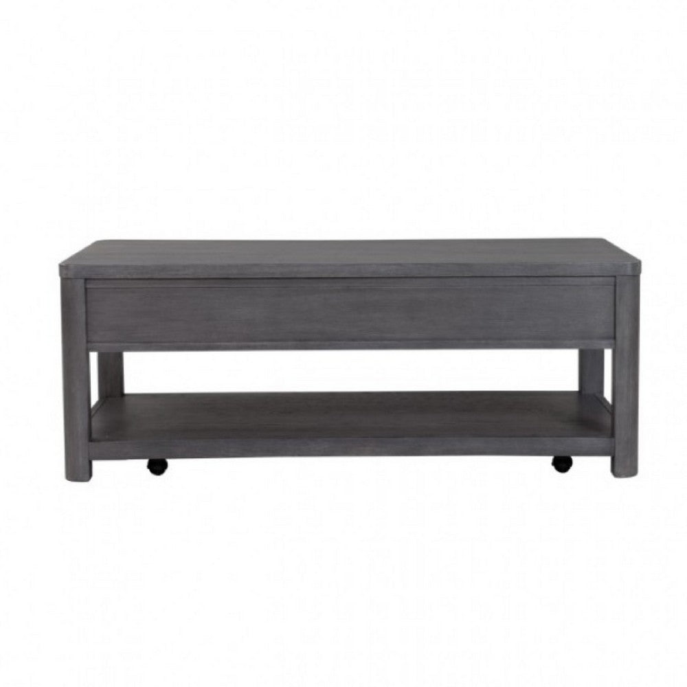 Benjara Zoko 48 Inch Coffee Table, Caster Wheels, Drawers, Ash Gray Rubberwood