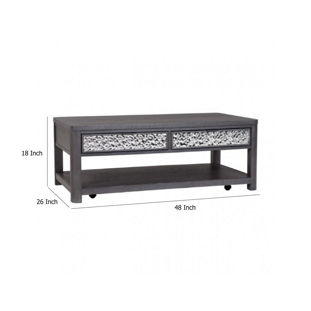 Benjara Zoko 48 Inch Coffee Table, Caster Wheels, Drawers, Ash Gray Rubberwood