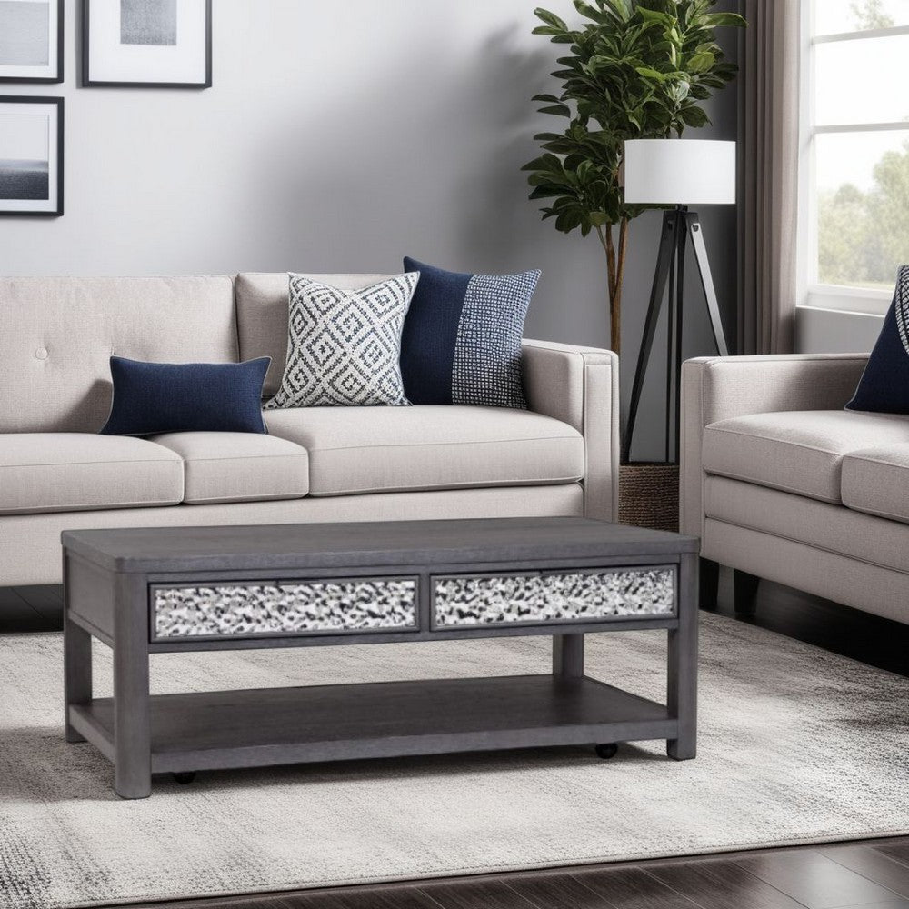 Benjara Zoko 48 Inch Coffee Table, Caster Wheels, Drawers, Ash Gray Rubberwood